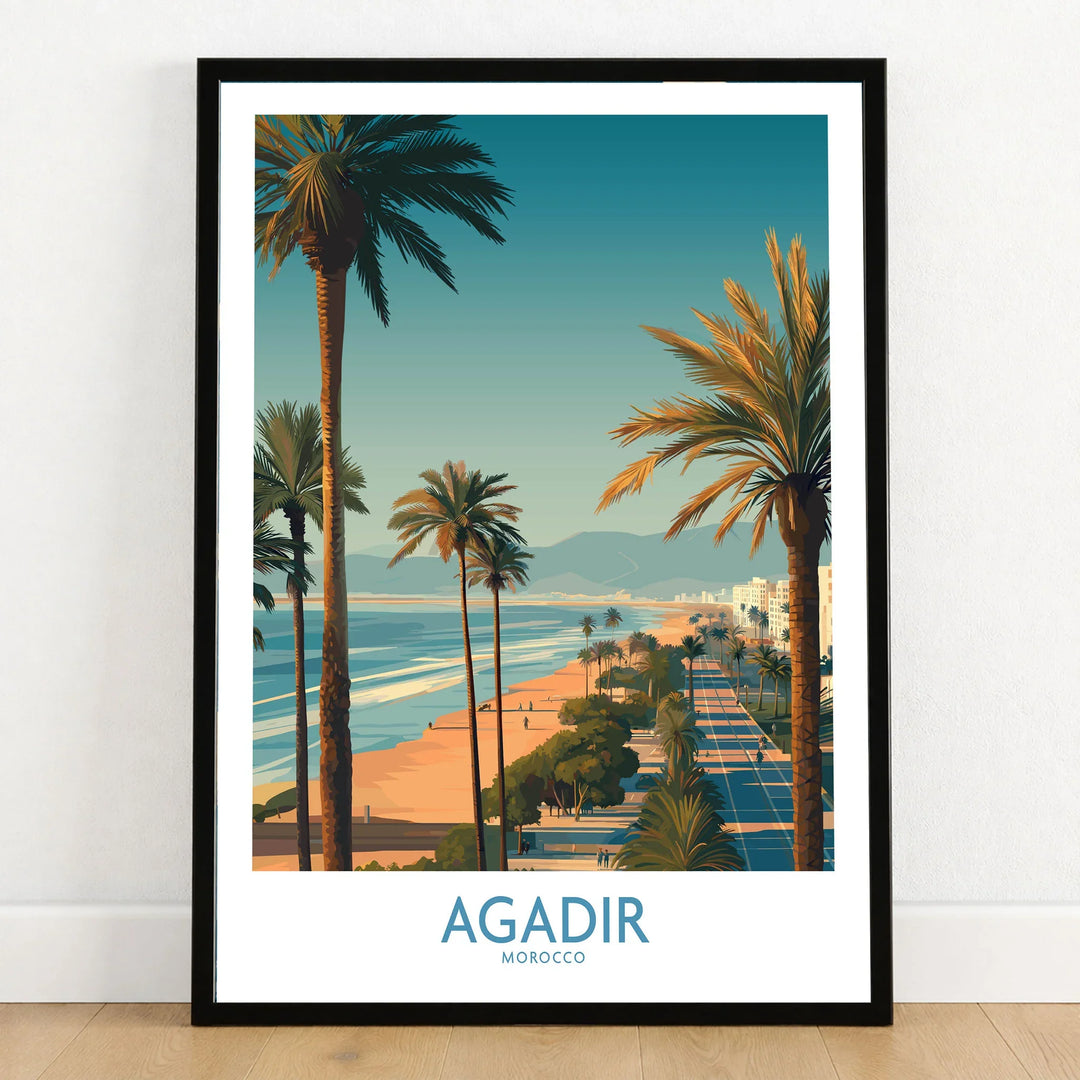 Agadir Morocco Wall Art Canvas in a black wooden frame leaning against a white wall on a light wooden floor