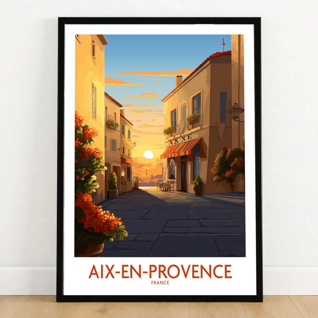 Aix-en-Provence Wall Art in a black wooden frame leaning against a white wall on a light wooden floor