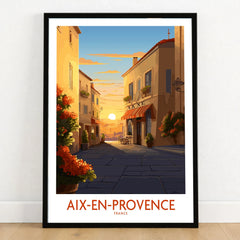 Aix-en-Provence Wall Art in a black wooden frame leaning against a white wall on a light wooden floor