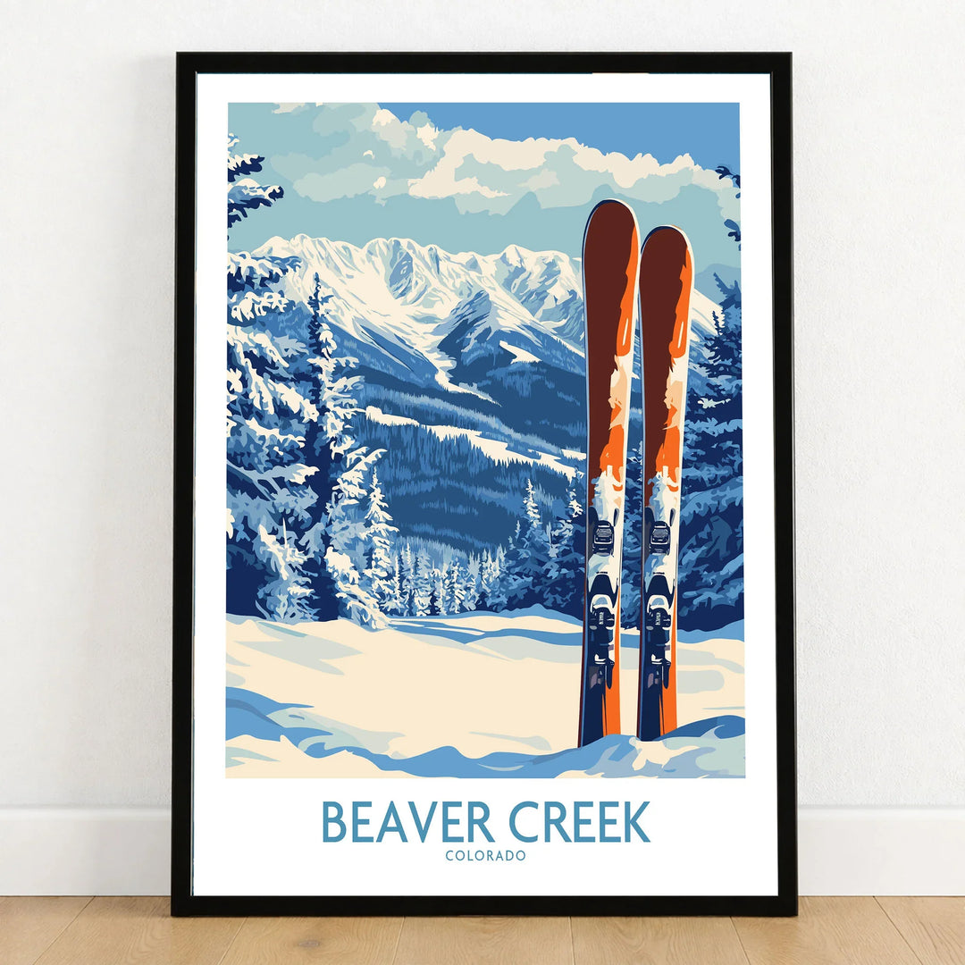 Beaver Creek Colorado Ski Resort Wall Art - Snow Covered Mountain Landscape in a black wooden frame leaning against a white wall on a light wooden floor