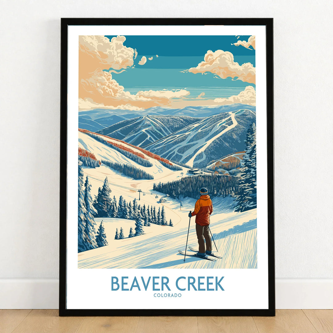 Beaver Creek Colorado Skier Landscape Poster - Colorado Winter Travel Decor in a black wooden frame leaning against a white wall on a light wooden floor