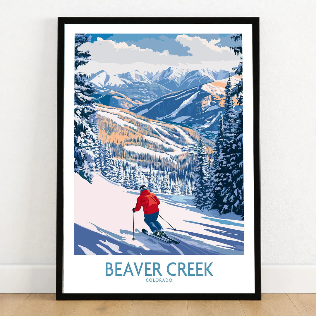 Beaver Creek Colorado Ski Slope Art Print - Colorado Skiing Travel Decor in a black wooden frame leaning against a white wall on a light wooden floor