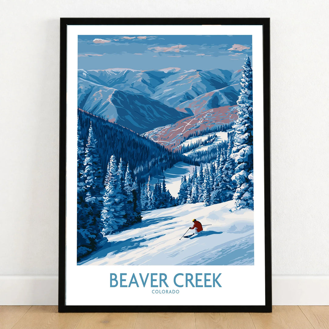Beaver Creek Colorado Ski Trail Poster - Colorado Winter Landscape Decor in a black wooden frame leaning against a white wall on a light wooden floor