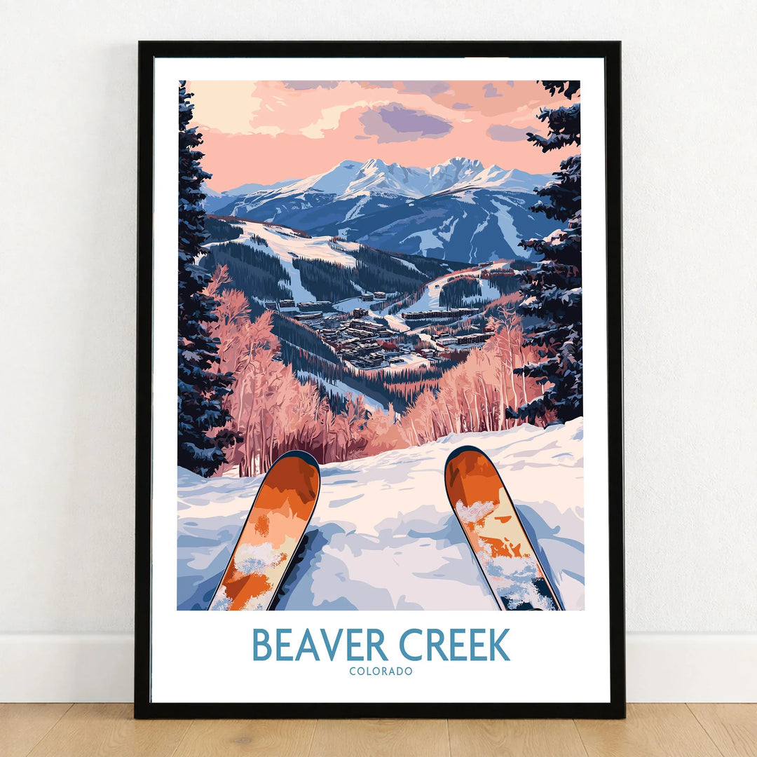 Beaver Creek Colorado Winter Sunset Ski Print - Colorado Travel Decor in a black wooden frame leaning against a white wall on a light wooden floor