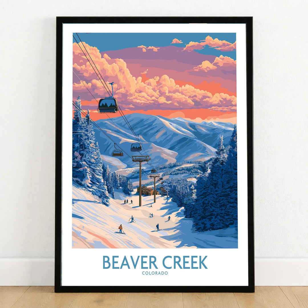Beaver Creek Colorado Chairlift Scene Poster - Colorado Ski Vacation Decor in a black wooden frame leaning against a white wall on a light wooden floor