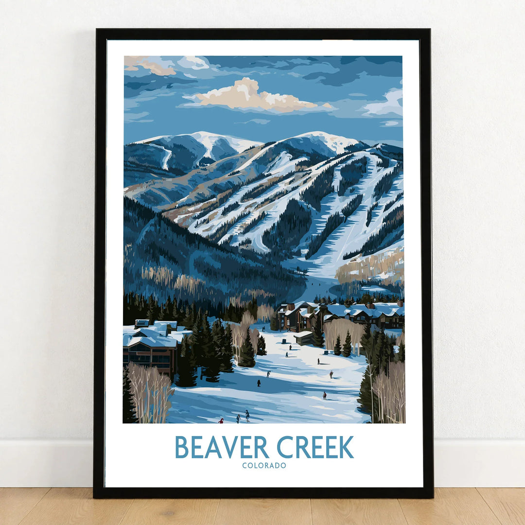 Beaver Creek Colorado Winter Landscape Poster - Ski Town Travel Decor in a black wooden frame leaning against a white wall on a light wooden floor