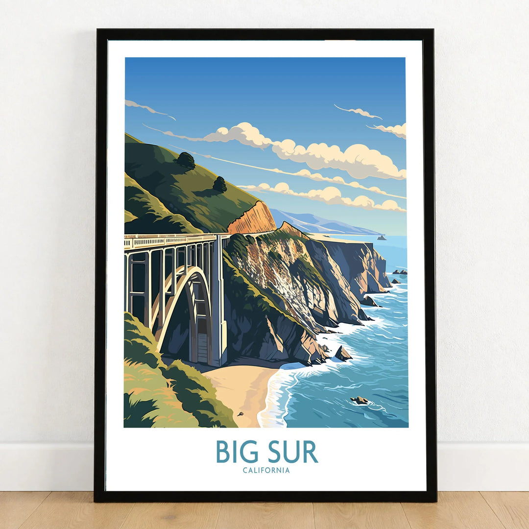 Big Sur Wall Art | Modern Style in a black wooden frame leaning against a white wall on a light wooden floor