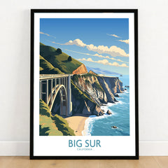 Big Sur Wall Art | Modern Style in a black wooden frame leaning against a white wall on a light wooden floor