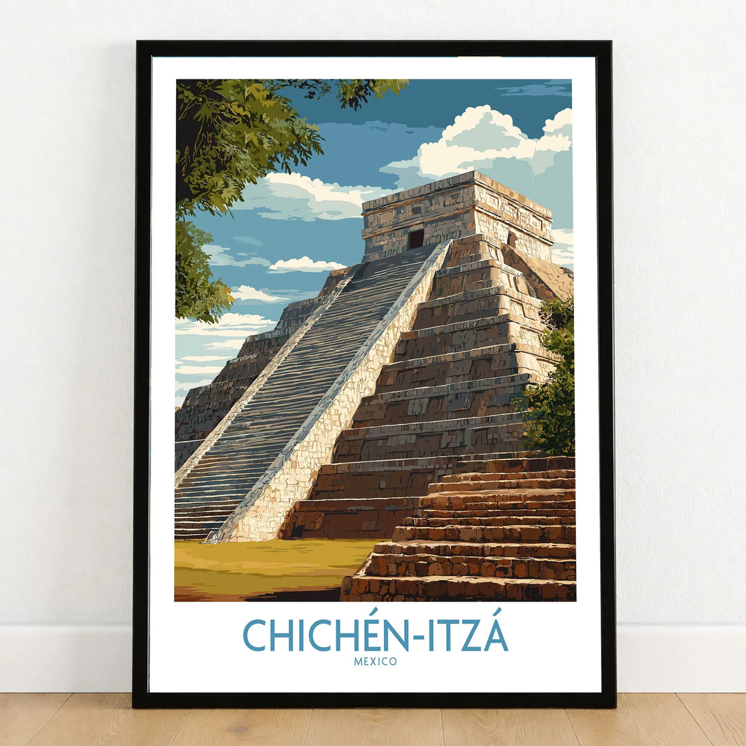 Mexico Chichén Itzá El Castillo Poster Mayan Temple Travel Print Ancient Ruins Wall Art in a black wooden frame leaning against a white wall on a light wooden floor