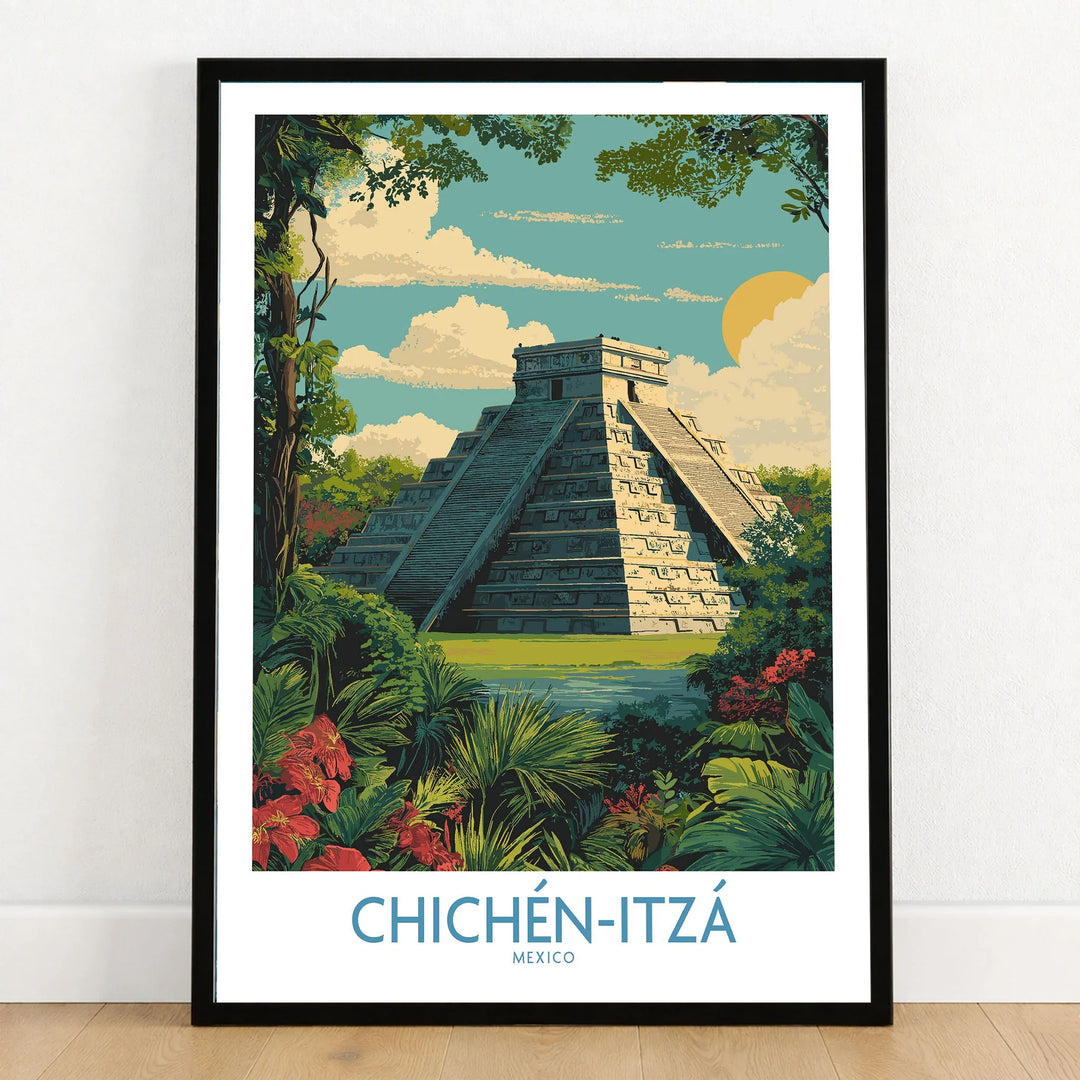 Mexico Chichén Itzá Mayan Pyramid Poster Jungle Ruins Travel Print El Castillo Art in a black wooden frame leaning against a white wall on a light wooden floor