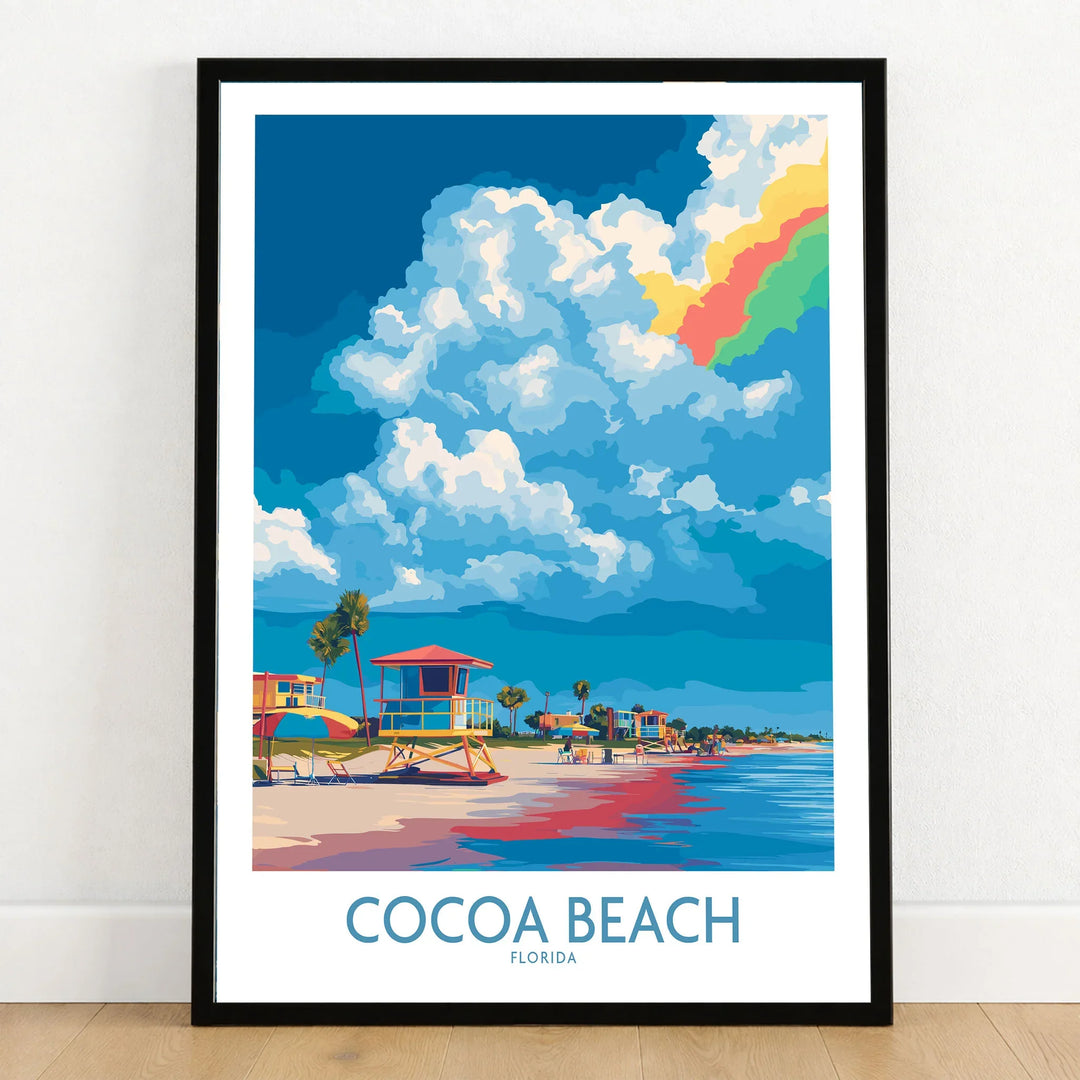 Cocoa Beach Rainbow Cloud Poster - Florida Travel Decor in a black wooden frame leaning against a white wall on a light wooden floor
