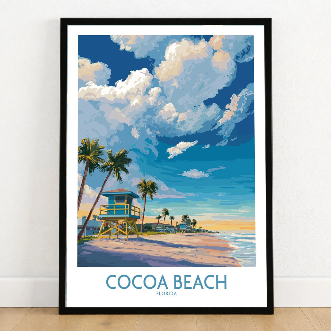 Cocoa Beach Florida Oceanfront Landscape Print - Florida Coast Decor in a black wooden frame leaning against a white wall on a light wooden floor