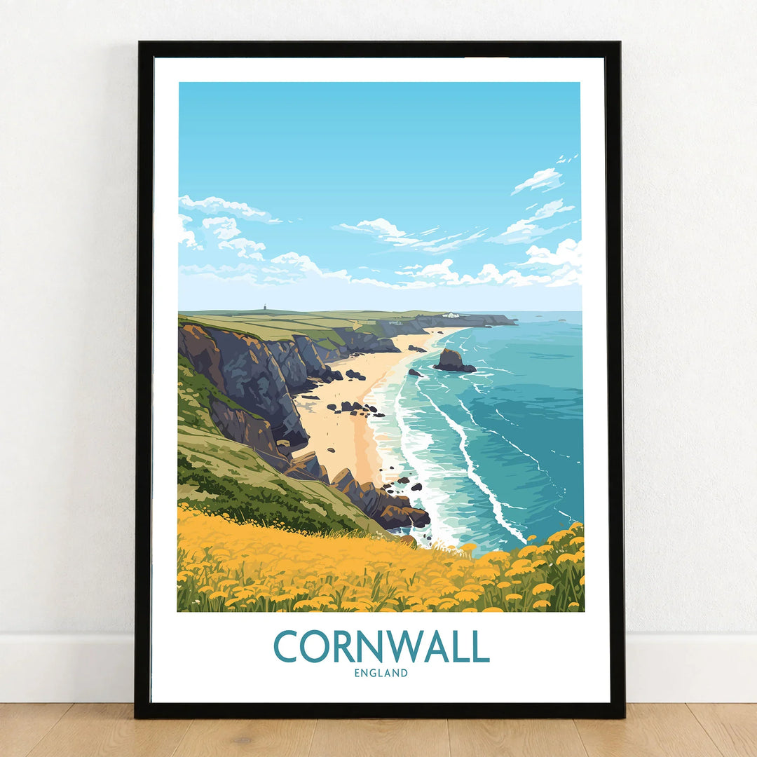 Cornwall Poster | Modern Style in a black wooden frame leaning against a white wall on a light wooden floor