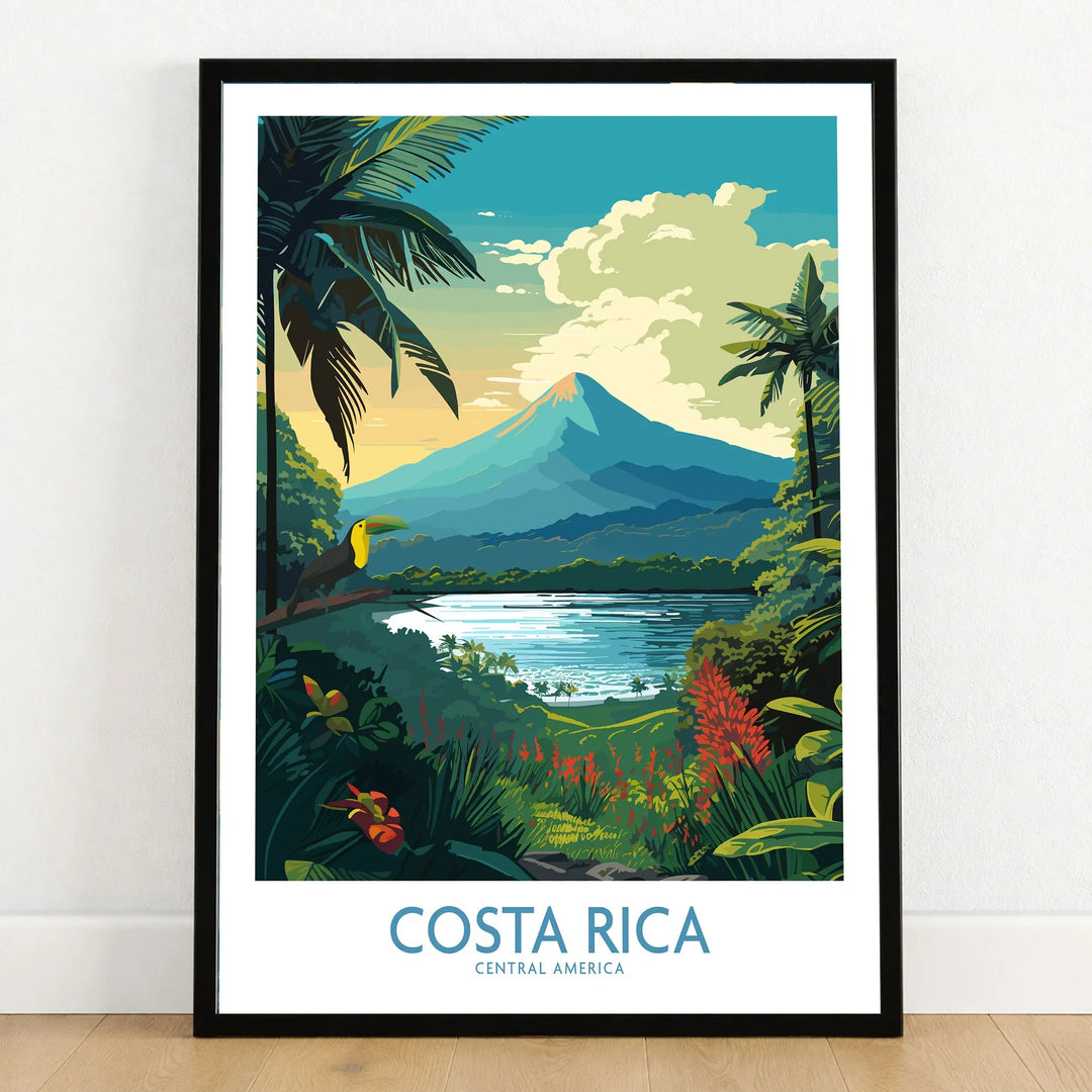 Costa Rica Wall Art | Modern Style in a black wooden frame leaning against a white wall on a light wooden floor