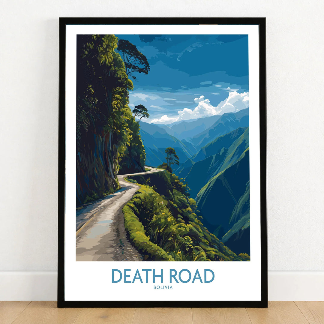 Death Road Bolivia Mountain Art Print | Yungas Camino Poster in a black wooden frame leaning against a white wall on a light wooden floor