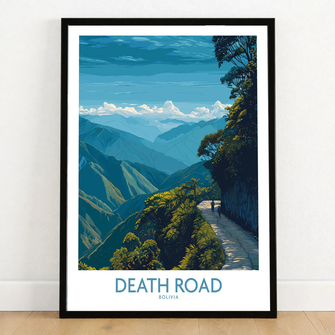 Death Road Bolivia Hiking Trail Art Print | Camino de la Muerte Poster in a black wooden frame leaning against a white wall on a light wooden floor