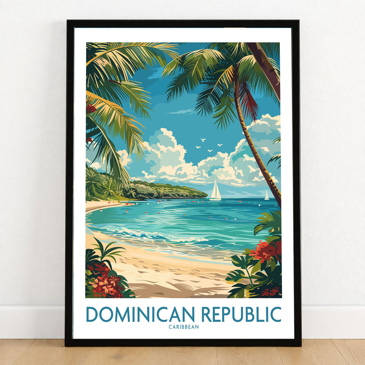 Dominican Republic Poster in a black wooden frame leaning against a white wall on a light wooden floor