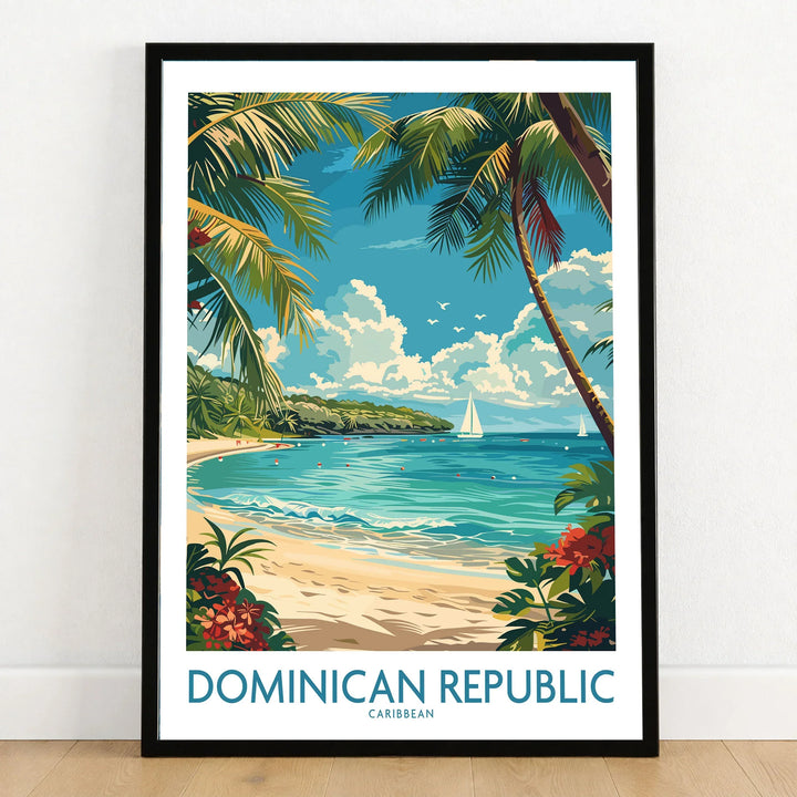 Dominican Republic Poster in a black wooden frame leaning against a white wall on a light wooden floor