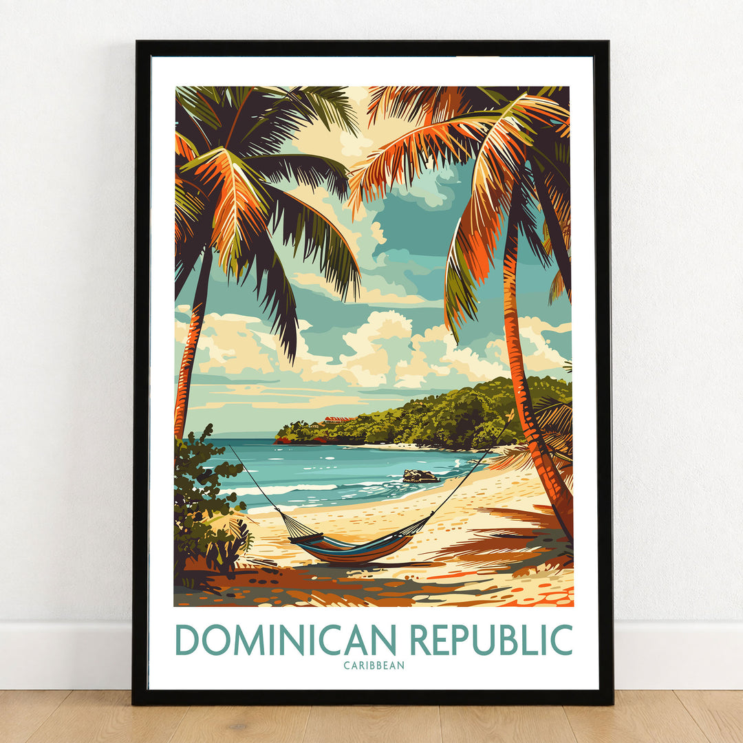 Dominican Republic Print in a black wooden frame leaning against a white wall on a light wooden floor