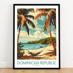 Dominican Republic Print in a black wooden frame leaning against a white wall on a light wooden floor