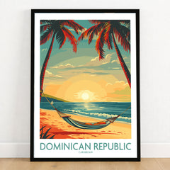 Dominican Republic Wall Art in a black wooden frame leaning against a white wall on a light wooden floor