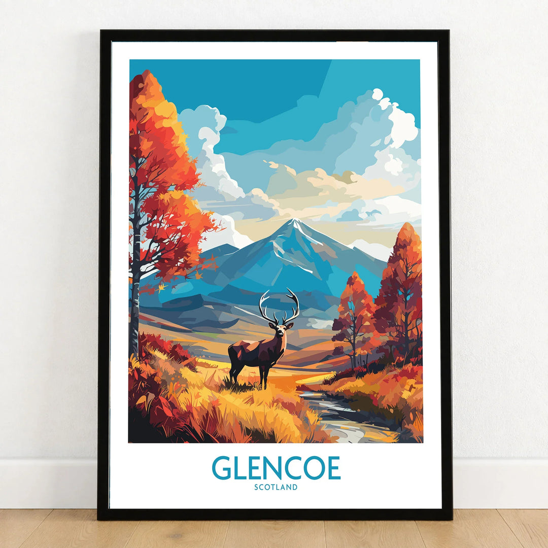 Glencoe Art Print Modern in a black wooden frame leaning against a white wall on a light wooden floor