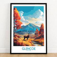 Glencoe Art Print Modern in a black wooden frame leaning against a white wall on a light wooden floor