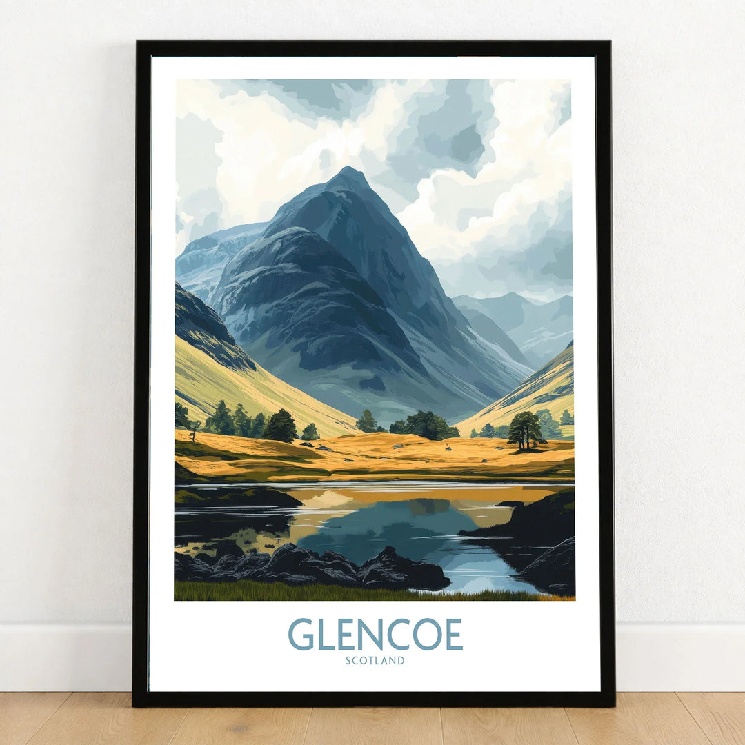 Glencoe Travel Poster in a black wooden frame leaning against a white wall on a light wooden floor
