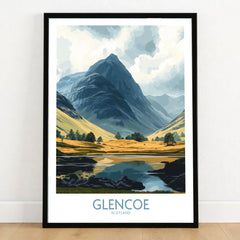 Glencoe Travel Poster in a black wooden frame leaning against a white wall on a light wooden floor