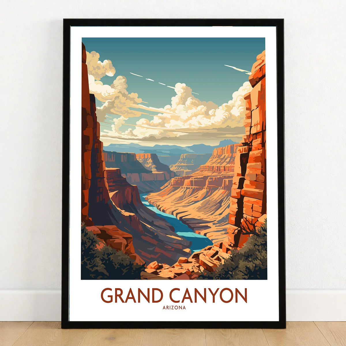 Grand Canyon Wall Art | Modern Style in a black wooden frame leaning against a white wall on a light wooden floor