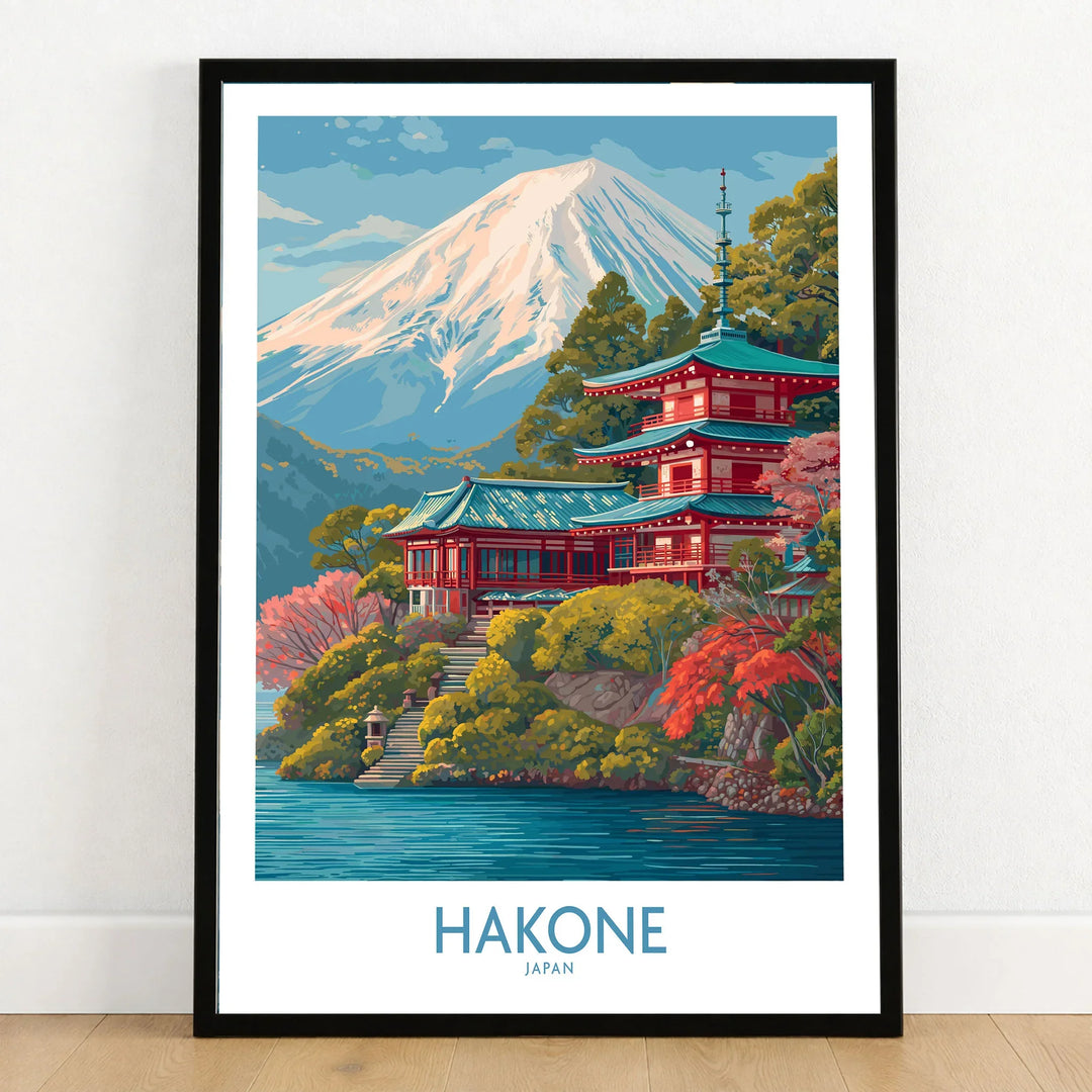 Hakone Japan Wall Art - Japan Travel Print in a black wooden frame leaning against a white wall on a light wooden floor