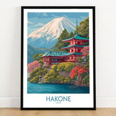 Hakone Japan Wall Art - Japan Travel Print in a black wooden frame leaning against a white wall on a light wooden floor