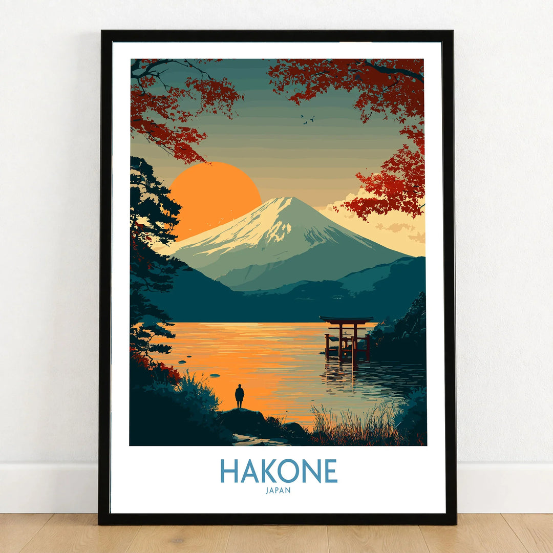 Hakone Japan Wall Art Lake Ashi Print - Japanese Spiritual Poster in a black wooden frame leaning against a white wall on a light wooden floor