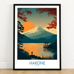 Hakone Japan Wall Art Lake Ashi Print - Japanese Spiritual Poster in a black wooden frame leaning against a white wall on a light wooden floor