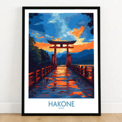 Hakone Wall Art - Japan Travel Poster in a black wooden frame leaning against a white wall on a light wooden floor