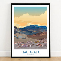 Haleakalā National Park Print, Hawaiian Volcano Poster, Sunset Wall Decor in a black wooden frame leaning against a white wall on a light wooden floor