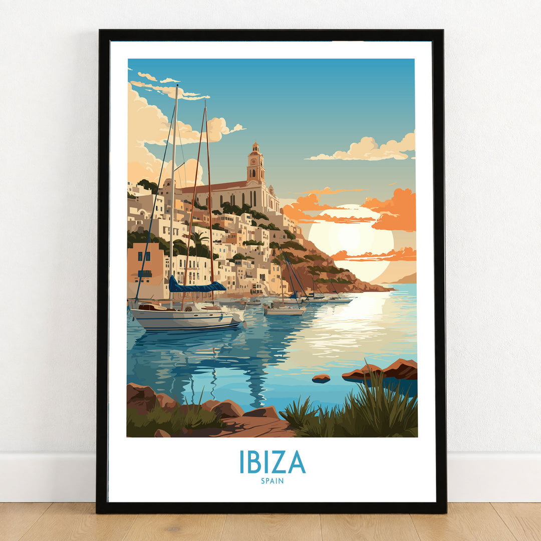Ibiza Poster Print Modern in a black wooden frame leaning against a white wall on a light wooden floor