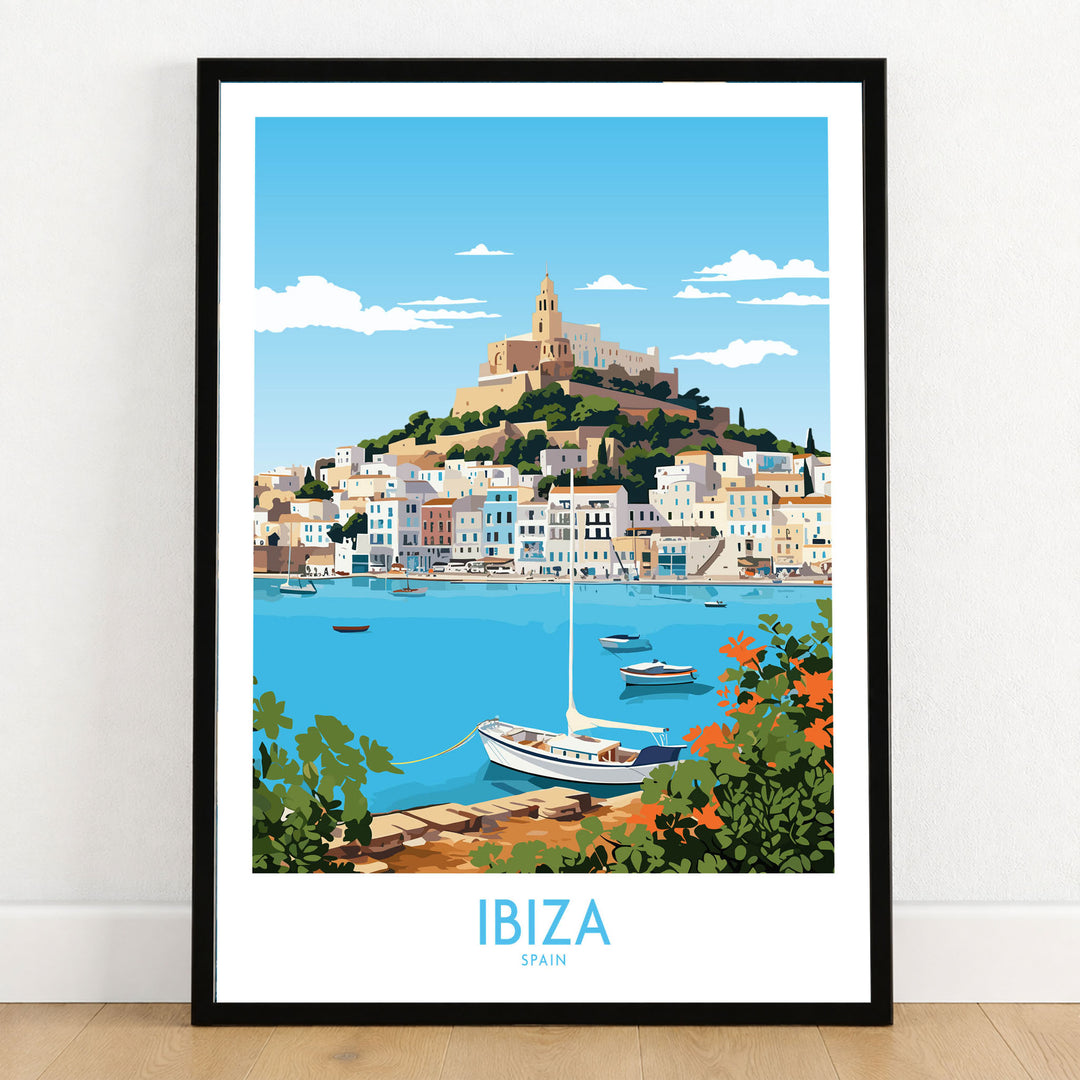 Ibiza Poster in a black wooden frame leaning against a white wall on a light wooden floor