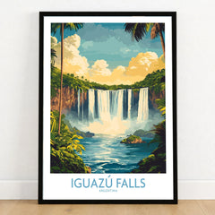 Iguazu Falls Wall Art Print in a black wooden frame leaning against a white wall on a light wooden floor