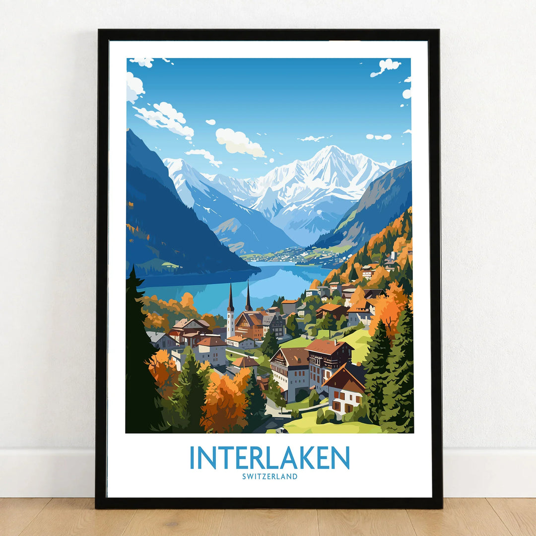 Interlaken Print in a black wooden frame leaning against a white wall on a light wooden floor