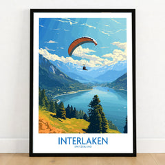 Interlaken Wall Art Print in a black wooden frame leaning against a white wall on a light wooden floor