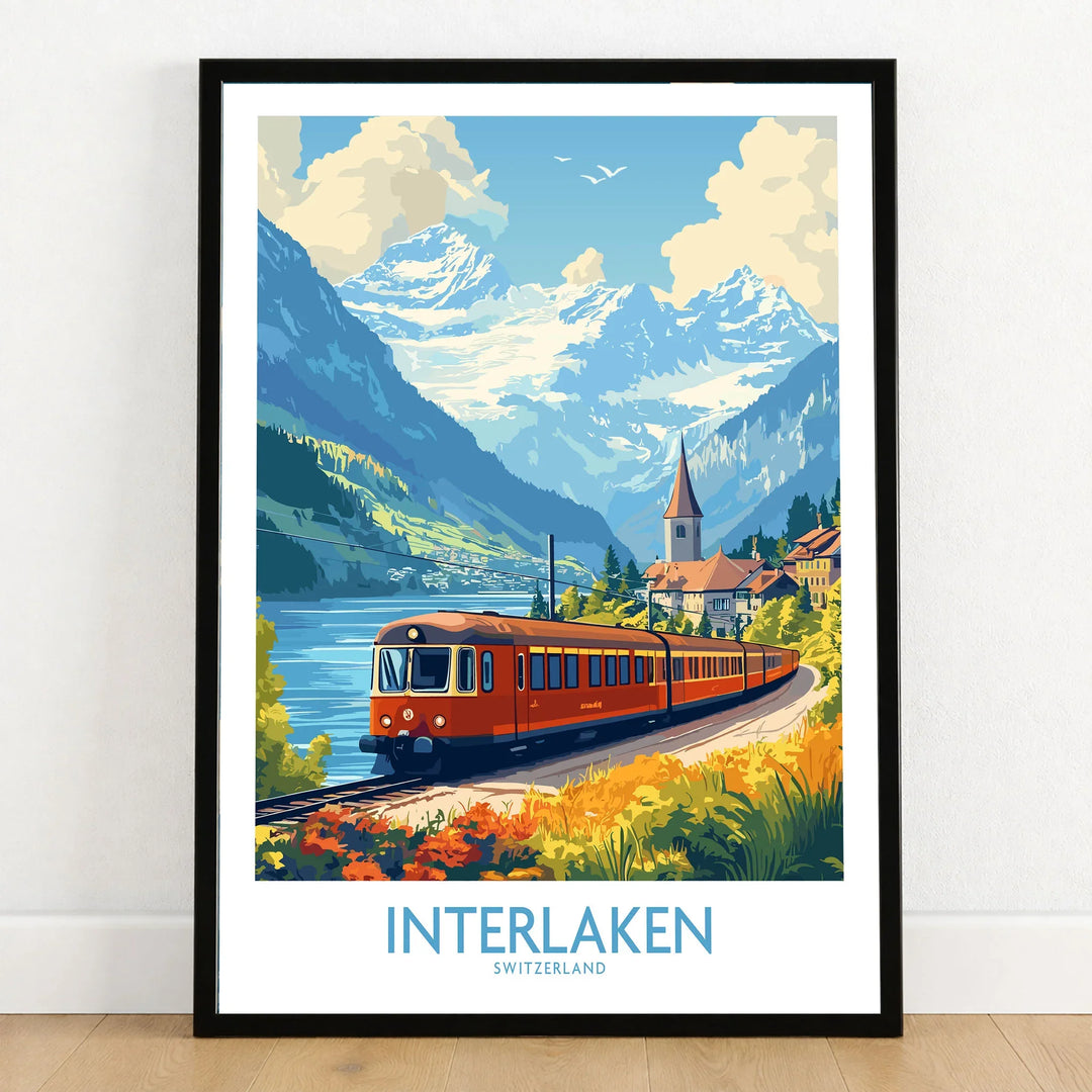 Interlaken Travel Poster in a black wooden frame leaning against a white wall on a light wooden floor