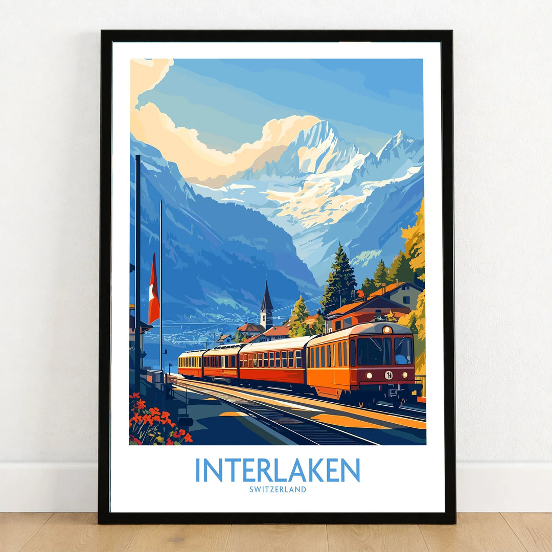 Interlaken Wall Art Print No. 2 in a black wooden frame leaning against a white wall on a light wooden floor