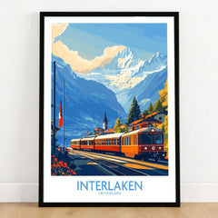 Interlaken Wall Art Print No. 2 in a black wooden frame leaning against a white wall on a light wooden floor