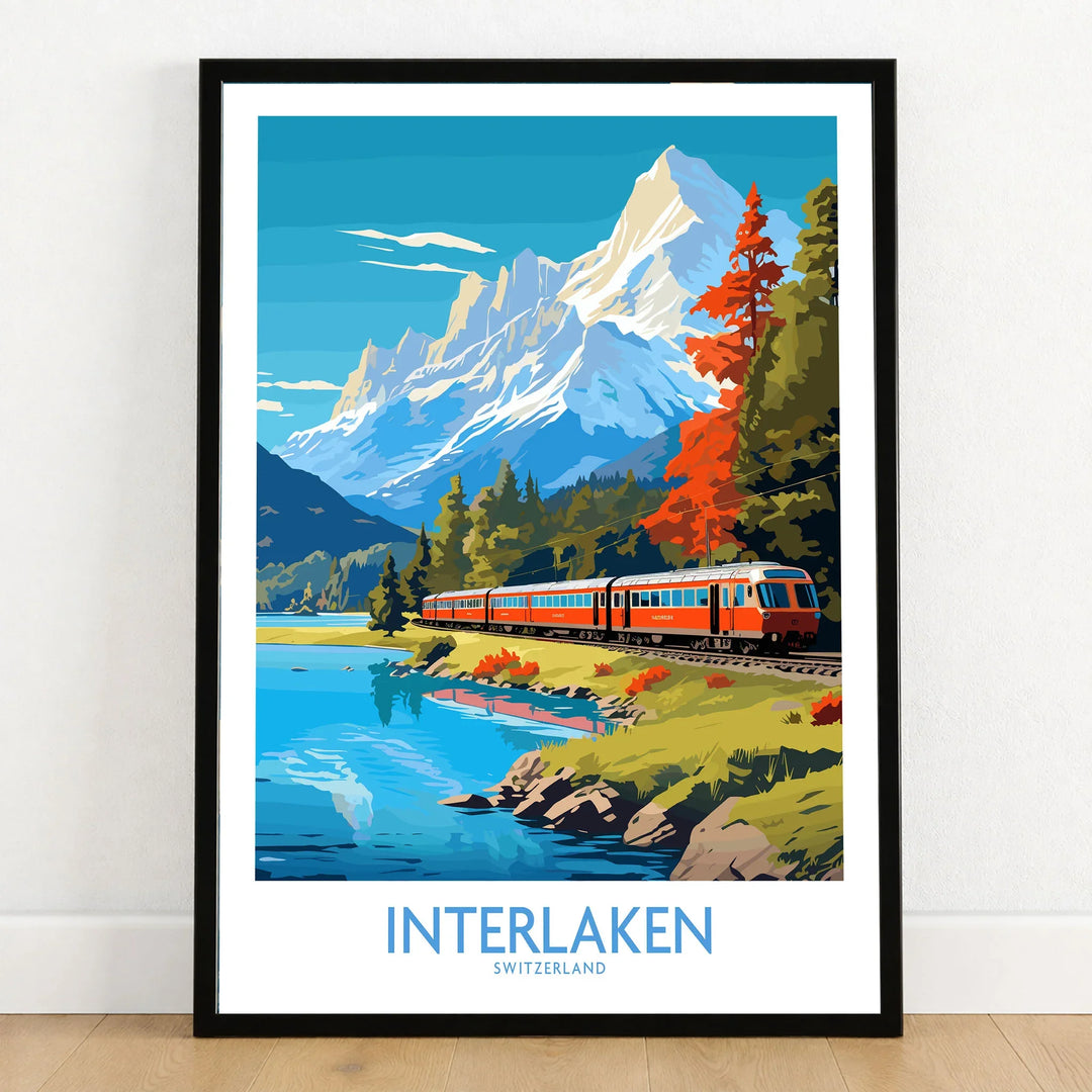 Interlaken Poster Switzerland in a black wooden frame leaning against a white wall on a light wooden floor