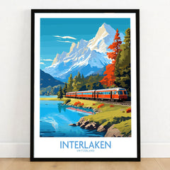 Interlaken Poster Switzerland in a black wooden frame leaning against a white wall on a light wooden floor