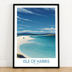 Isle of Harris Poster Scotland - Outer Hebrides Travel Print in a black wooden frame leaning against a white wall on a light wooden floor