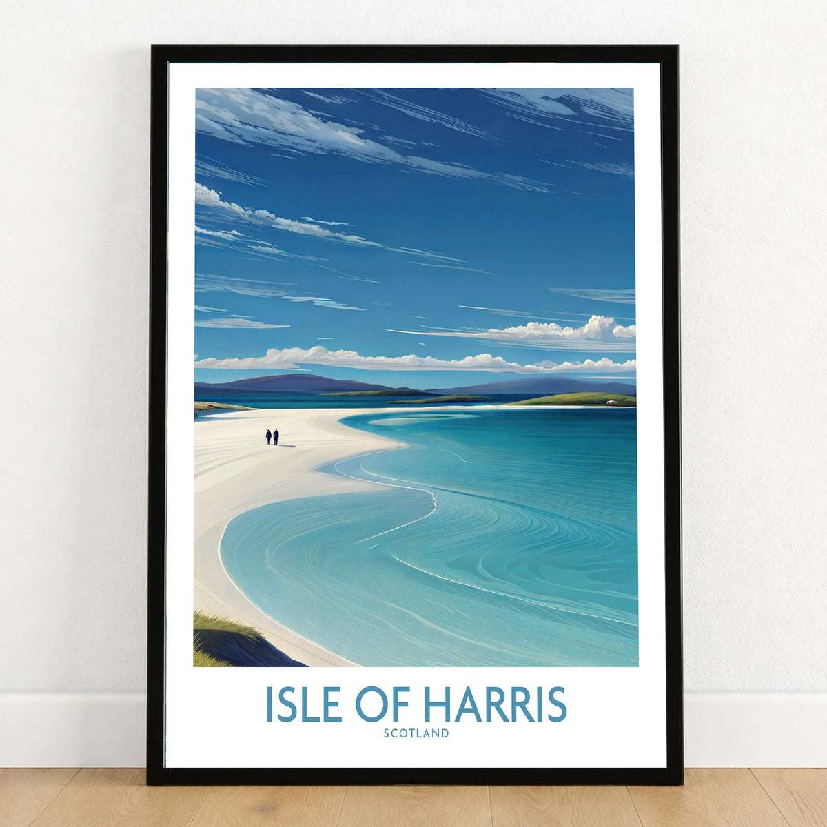 Isle of Harris Poster Scotland - Outer Hebrides Travel Print in a black wooden frame leaning against a white wall on a light wooden floor