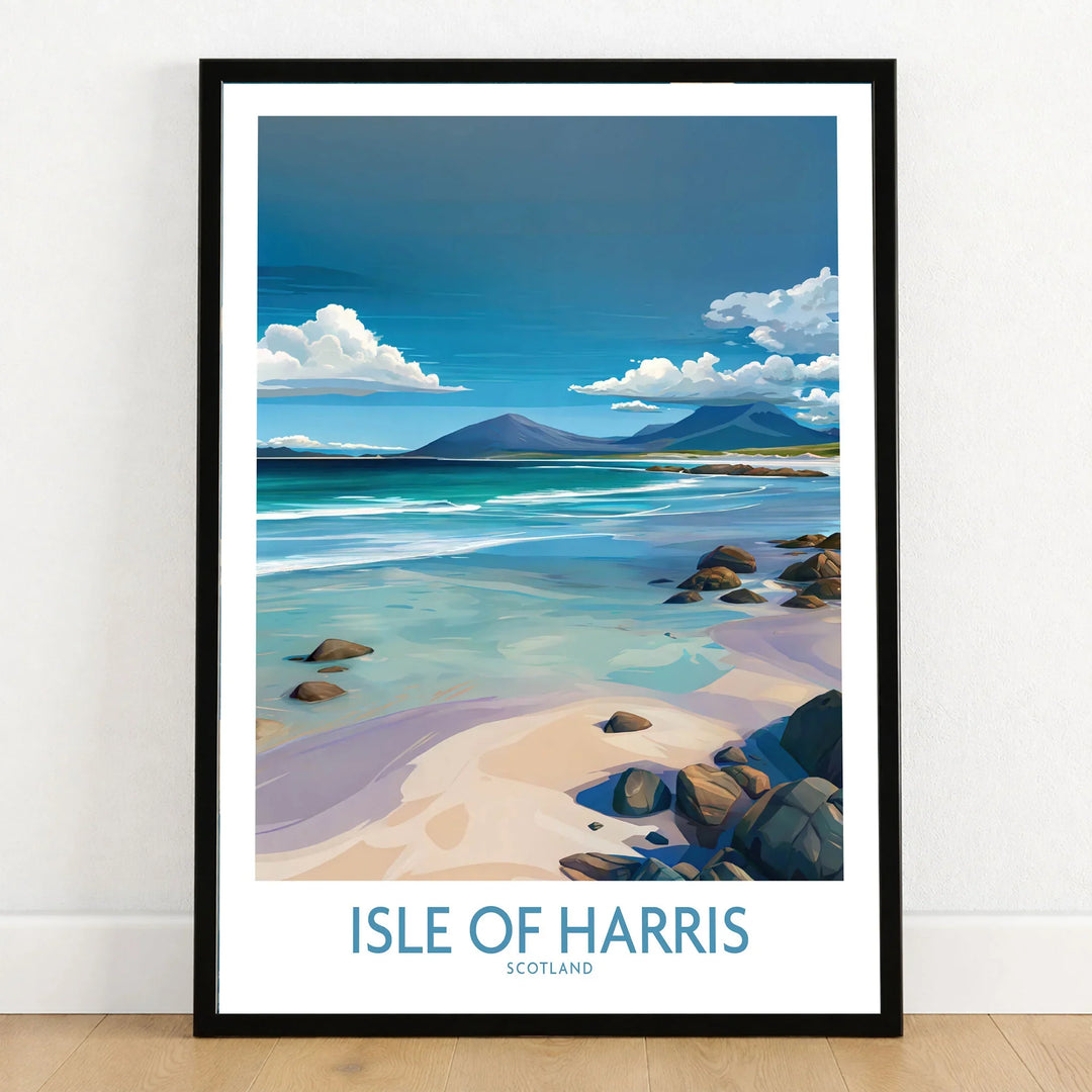 Isle of Harris Poster Scotland Clear Waters - Hebridean Seascape Decor in a black wooden frame leaning against a white wall on a light wooden floor