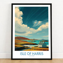 Isle of Harris Poster Scotland Dramatic Sky Seascape - Scottish Island Travel Decor in a black wooden frame leaning against a white wall on a light wooden floor